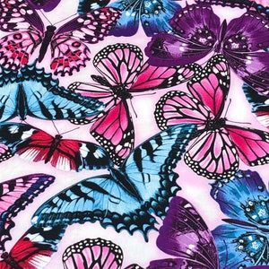 Butterfly Fabric / 100% Quilter Cotton Fabric / LARGE Multi-Colored Butterflies on Pinkish-White Background / StudioE Fabrics / 44&quot; wide