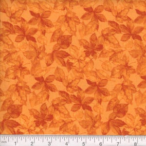 May include: Orange fabric with a repeating pattern of autumn leaves in shades of orange and brown. The leaves are detailed with visible veins and textures, creating a naturalistic design. The fabric has a warm, inviting color palette.
