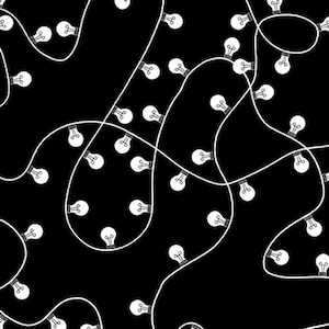 May include: A black and white illustration of a string of light bulbs. The light bulbs are connected by a white cord and are arranged in a random pattern.