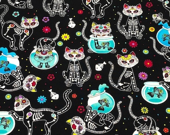 Cat Halloween Quilters Cotton Fabric, Sugar Skulls, Skeletons, Fishbowls, Cat C4159, by Timeless Treasures, 44" wide