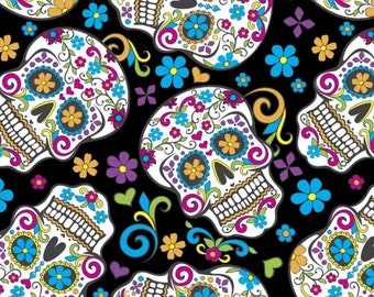 Folkloric Skulls Fabric / 100% Cotton Fabric / Black Calaveras Fabric / Fabric by David Textiles / 44" wide