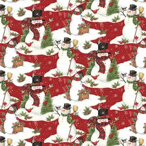 Snowman Fabric / 100% Cotton Fabric / Red Christmas Fabric Snowman Scenic Digital / Fabric by Springs Creative / 44&quot; wide