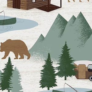 May include: A repeating pattern featuring a brown bear, evergreen trees, mountains, a cabin, and a camper. The design has a rustic, outdoorsy theme with a light blue lake and fishing rod.
