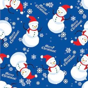 Snowman Fabric / 100% Cotton Fabric / Snowman on Blue Fabric / Merry Christmas Fabric / by MDG / 44&quot; wide