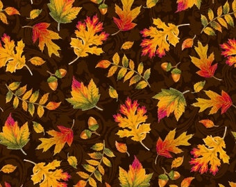 Autumn Leaves Quilting Cotton Fabric, Fall Brown Print, D-85-D, by Freckle & Lollie, 44" Wide