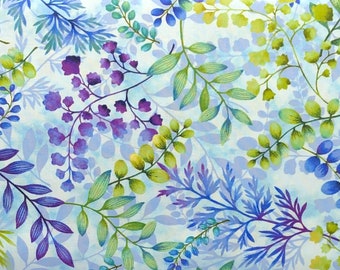 Floral Fabric / 100% Quilters Cotton / Foliage 2654-17 Sky / Gossamer Garden / Fabric by Henry Glass / 44" wide