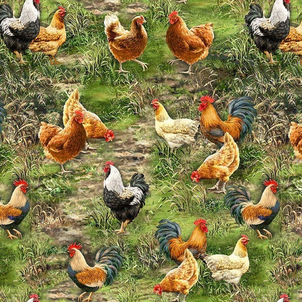 Chicken Fabric / 100% Quilter Cotton Fabric / Chicken Yard Dona-CD2593 Green/ Fabric by Timeless Treasures / 44" wide