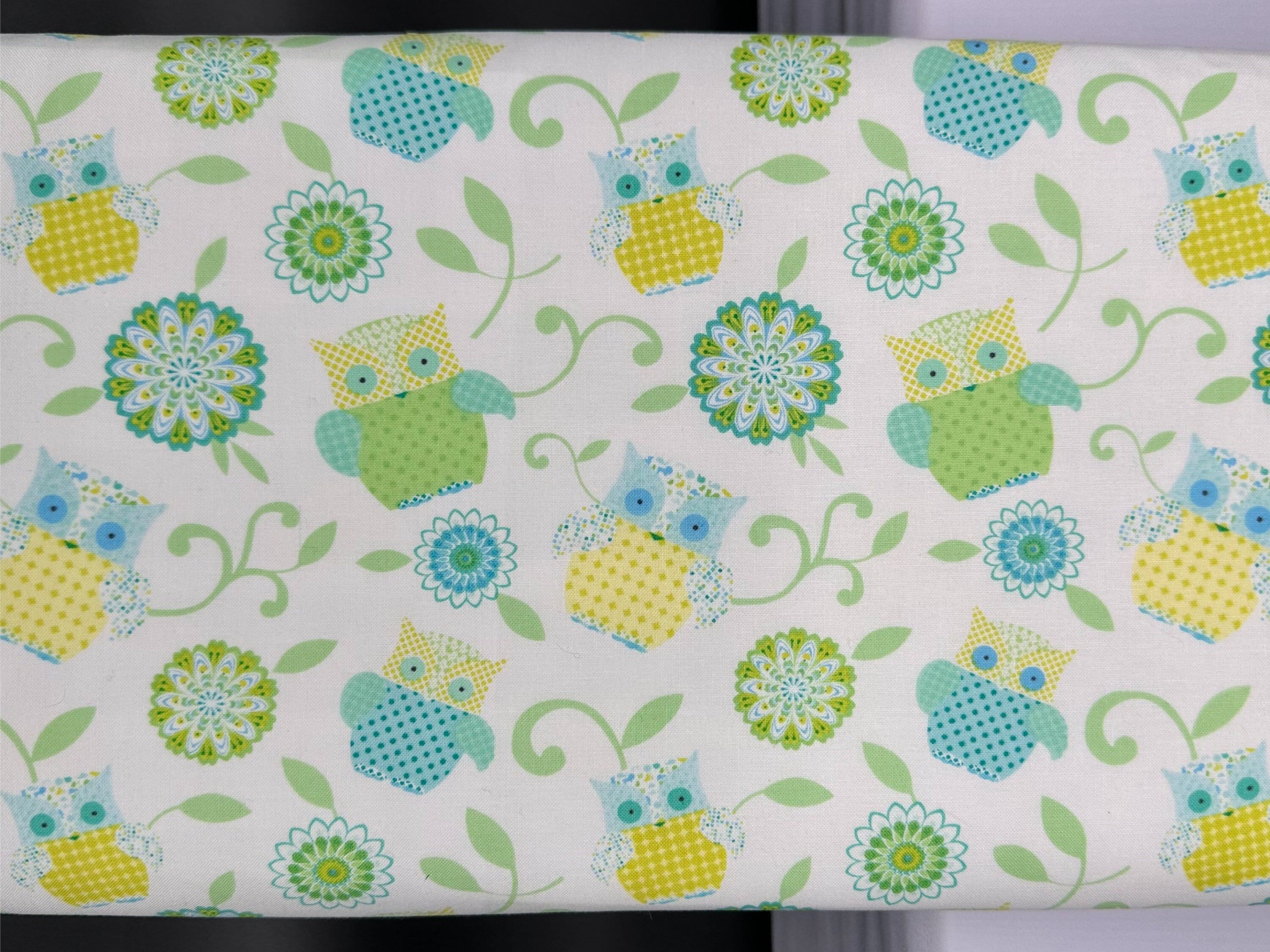 Owl Fabric: Mint Green, Teal, Yellow Cotton Quilter Fabric