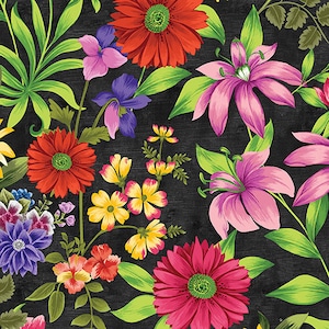 Floral Quilter Cotton Fabric: Inspired Blooms Black, Benartex, 44" wide