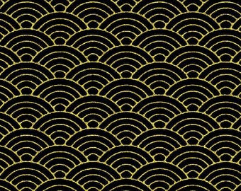 Black Metallic Seigaiha Quilters Cotton Fabric, Lotus Black Japanese Fabric, CM3670, by Timeless Treasures, 44" wide