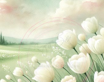 Pastel Tulip Field Printable Art  Soft Watercolor Spring Landscape Dreamy Floral Wall Decor Digital Download