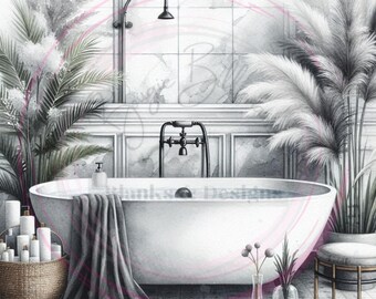Neutral Bathroom Wall Art Print –Watercolor Bathtub Scene, Grey & White Spa Decor, Minimalist Home Printable