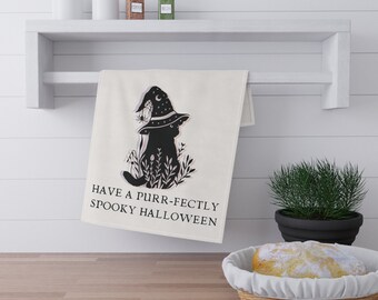 Dishrag Halloween Themed Towel Have a Purr-fectly Spooky Halloween from Witchy Black Cat Kitchen Towel Halloween Housewarming Gift Cat Lover