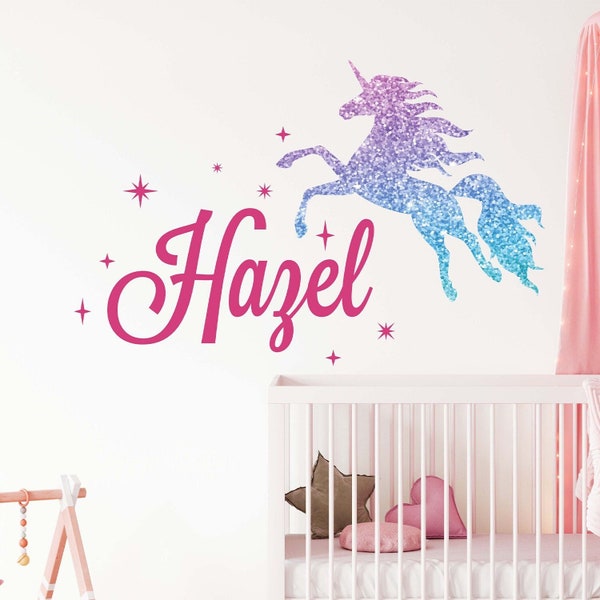 Personalized Sparkly Unicorn Name Wall Decal - Sparkly Unicorn Name Vinyl Wall Decal - Personalized Girly Vinyl Wall Decal - Room Wall Decal