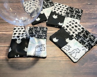 Set of 4 Wine Glass Coasters, slip on, Cat lover's