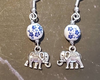 Elephant Earrings with Blue and White Floral Beads