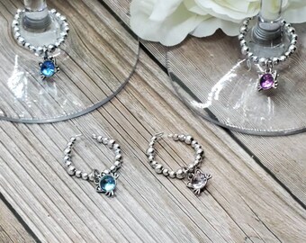 Crystal Cat Set of 4 Beaded Wine Glass Charms, blue, purple, sky blue, lavender