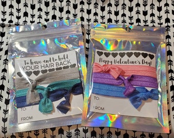 3 solid color elastic hair ties. Ready to gift Valentine's cards. No crease, hand knotted, wear on your wrist.