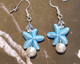 Starfish Earrings with Faux Pearls and Crystals