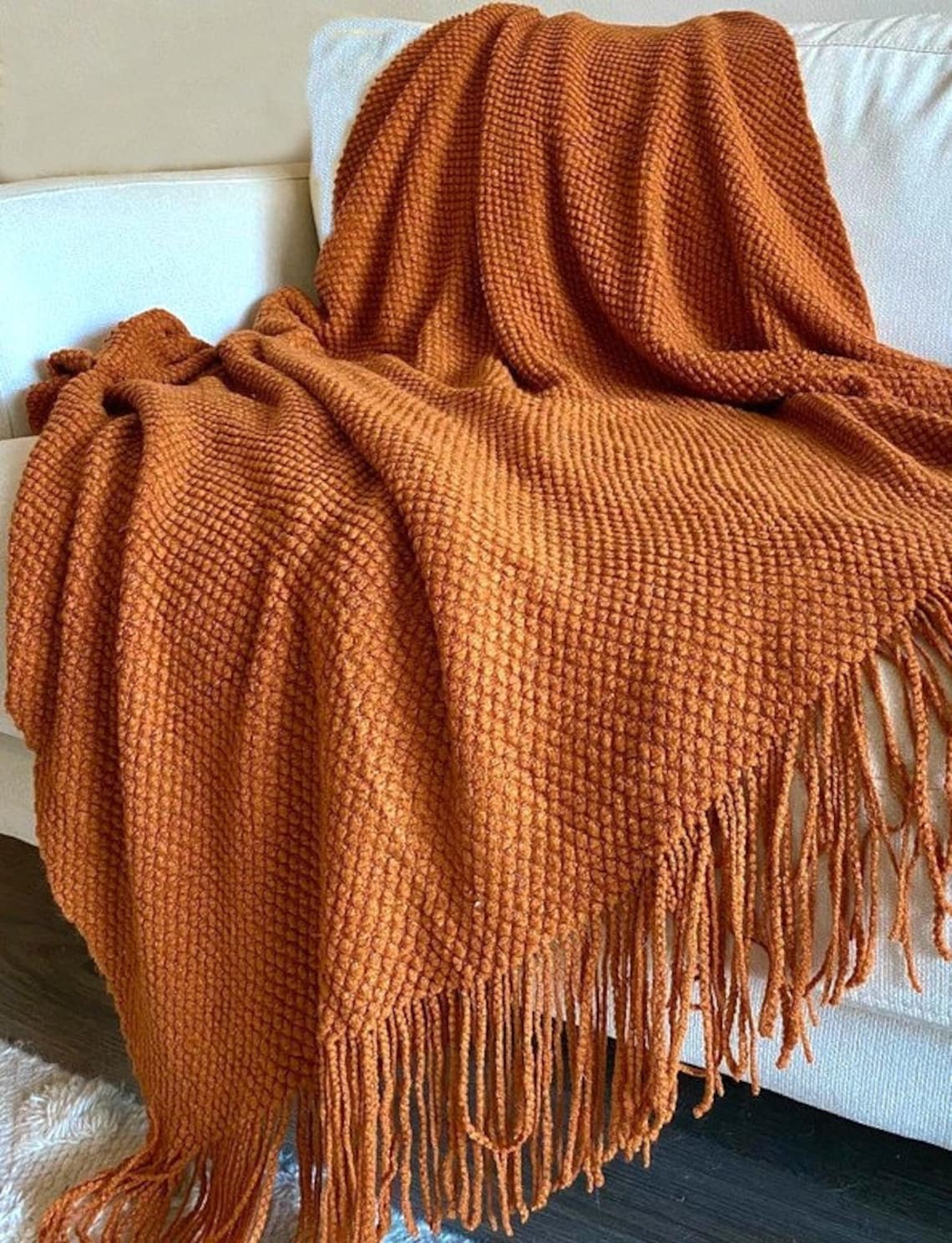 Nordic Knitted Throw Blanket Burnt Orange Knit Throw Blanket Etsy