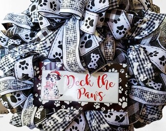 White and Black Dog wreath, christmas wreath, dog paws, dog bones, and front door wreath