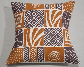 Orange, Brown Geometric Pattern Handmade Batik Pillow Cover/ Tribal/ Home Decor/ Living room/ Handcrafted/ Painted/ Gift/ Bedroom/