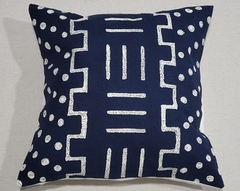 Navy Batik Pattern Pillow Cover/ Handmade/Blue/ Gift/ Handcrafted/Dots/ Lines/ Zimbabwe/ Porridge Resist/ Living room/ Decor/