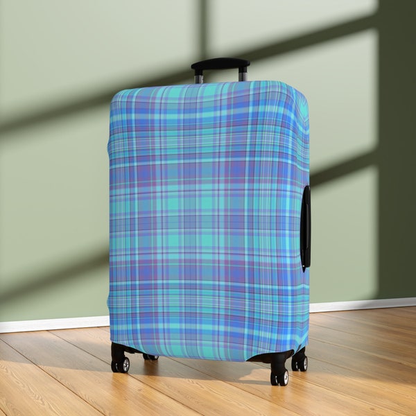 Personalized Luggage Cover - Travel Essentials - Washable Polyester Spandex Material - Suitcase Baggage Protection - Blue Stripped Plaid