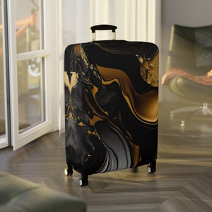 荷物カバー - スーツケース + 荷物保護 - 洗えるスパンデックスポリエステル素材 - 旅行用アクセサリー + ギフト - ブラックとゴールドのマーブルインク