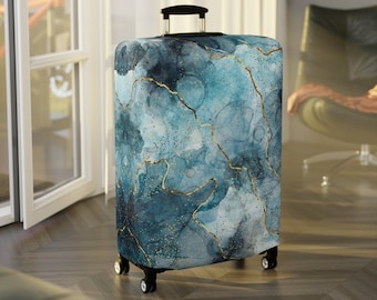 Luggage Cover for Protection - Suitcase and Baggage Covers - Travel Gift and Accessories - Washable Spandex Material - Blue Marble with Gold