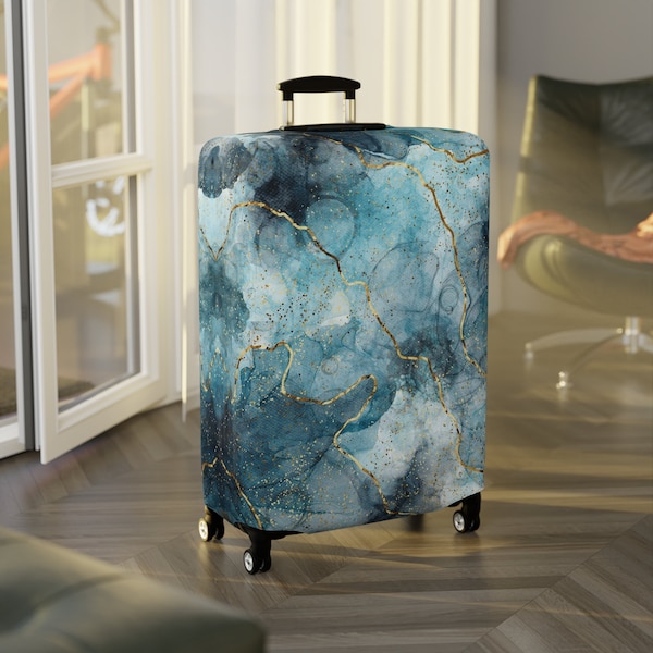 Luggage Cover for Protection - Suitcase and Baggage Covers - Travel Gift and Accessories - Washable Spandex Material - Blue Marble with Gold