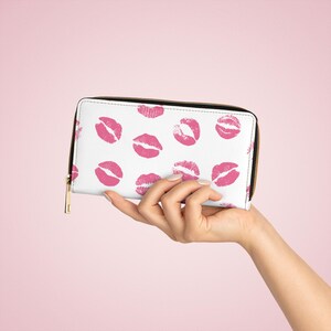 Monedero con cremallera Pink Kisses: Monedero bonito, con múltiples ranuras para tarjetas y efectivo, delgado y compacto, resistente al agua, accesorio de viaje.