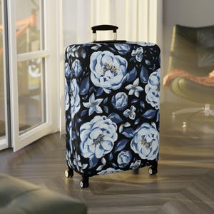 Floral bleu aquarelle - Protège-bagage - Housse de valise - Housse de bagage - Accessoires de voyage - Matériau en polyester et élasthanne - 3 tailles