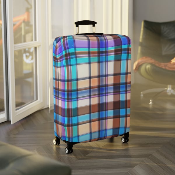 Luggage Cover - Suitcase & Baggage Protection - Washable Spandex Polyester Fabric - Travel Essential - Gifts for Her - Blue and Brown Plaid