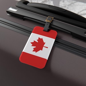 Étiquette à bagage pour valise - Étiquette à bagage en acrylique avec lanière en cuir réglable - Carte d'adresse amovible - Drapeau du Canada - Drapeau canadien