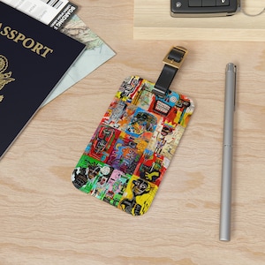 Jean Michel Basquiat bagagelabel - gepersonaliseerd acryl bagagelabel + lederen band - verwijderbare adreskaart - reisbenodigdheden en geschenken