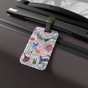 Étiquette de bagage pour valise - Étiquette à bagage en acrylique avec lanière en cuir - Carte de visite amovible - Essentiels de voyage - Numéro de bagage - Tampons de voyage
