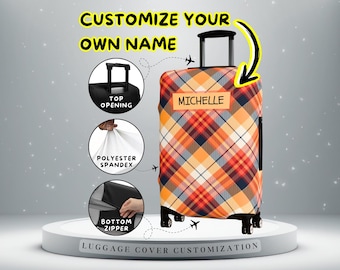 Funda para maleta con nombre personalizado / Funda para maleta a cuadros naranjas personalizada / Material de poliéster y elastano / Accesorios de viaje de primera calidad + Regalos