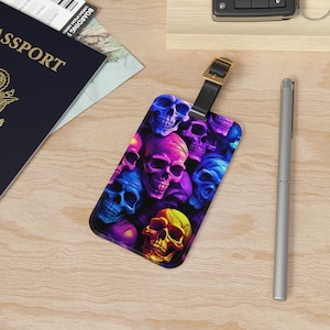 Personalized Luggage Tag - Acrylic Luggage Tag with Leather Strap - Removable Address Card - Travel Essential - A.I Generated 3D Neon Skulls