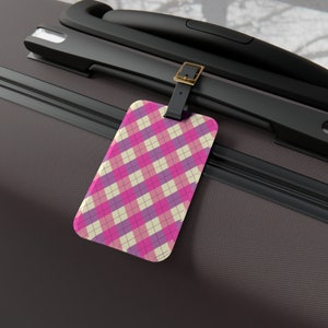 Personalized Luggage Bag Tag - Acrylic Luggage Tag with Leather Strap - Removable Address Card - Travel Essential - Baggage ID -  Pink Plaid
