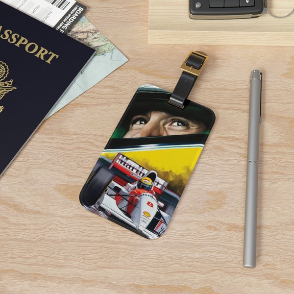 Étiquette à bagage personnalisée - Étiquette à bagage en acrylique avec lanière en cuir - Carte de visite amovible - Essentiel de voyage - Formule 1 Ayrton Senna