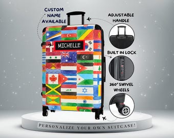 Personlig resväska med akvarellfärgad världsflagga | Unik resväska | Handbagage med personligt namn | Hård spinner med 360 hjul och lås