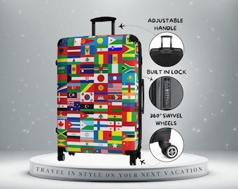 World Flags Suitcase - Travel Luggage Carry On, International Flag Hard Shell Suitcase, Unique Spinner Luggage, Travel Gift for Travelers