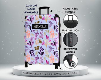 Maleta personalizada con estampado floral morado y nombre / Maleta con estampado floral primaveral / Maleta de cabina rígida con cerradura TSA y ruedas giratorias