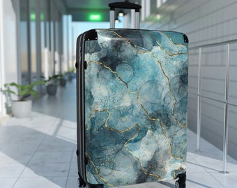 Hard Case Luggage with 4x Wheels - TSA-Approved Carry-on with Locks - Rolling Travel Suitcase Available in 3 Sizes - Blue Gold Marble Art