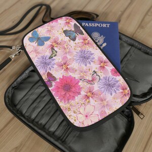 Passport Brieftasche - Leichte Reisebrieftasche -Reisedokumenthalter mit Schulter + Bauchgurt -Top Reiseveranstalter -Rosa Blumen Schmetterling