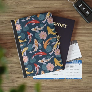 Passport Cover - RFID Slim Leather Passport Holder - Passport Wallet & Document Organizer - Travel Essentials - Japanese Koi Fish - Goldfish