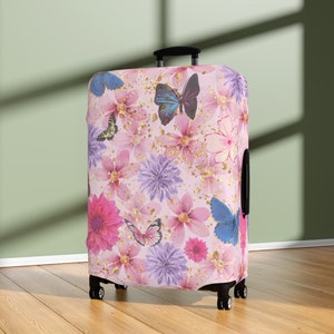 Funda de equipaje con diseño floral rosa y mariposas: las mejores fundas y protectores para maletas: los mejores accesorios y regalos para viajes: poliéster/spandex