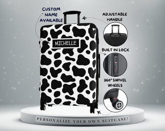 Maleta personalizada con estampado de vaca y nombre / Maleta estética personalizada / Maleta de cabina rígida con cerradura TSA y ruedas giratorias / Bonito regalo de viaje
