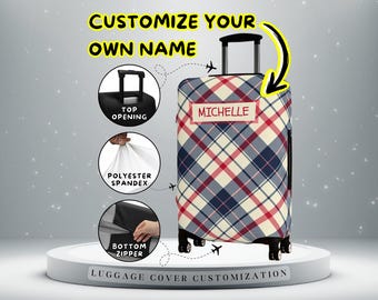 Custom Name Luggage Cover | Personalized Suitcase Cover | Blue + Red Plaid | Polyester Spandex Material | Top Travel Accessories & Gifts
